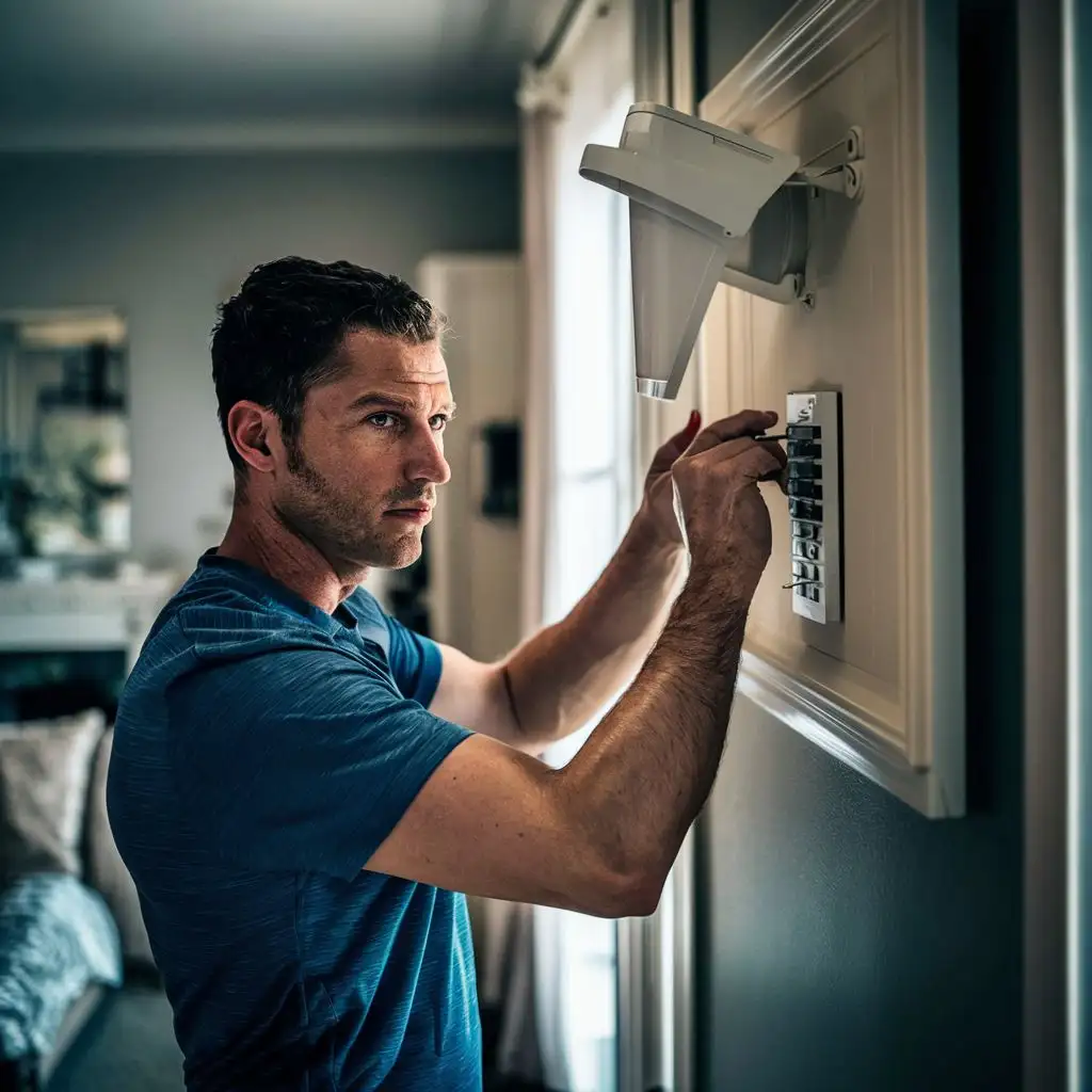 technicien pour installation de caméra de surveillance dans une maison